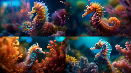 Collage of seahorses in the sea. 3d illustrationの素材