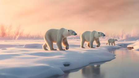 Polar bear (Ursus maritimus) mother and cub on the pack ice, north of Svalbard Arctic Norwayの素材