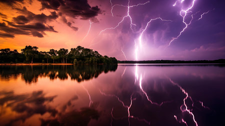 Beautiful lightning in the sky over the lake at sunset. Nature backgroundの素材