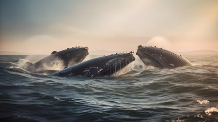 Humpback whale in the ocean at sunset. 3D renderingの素材