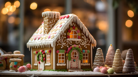 Christmas gingerbread house with colorful decoration on bokeh background.の素材