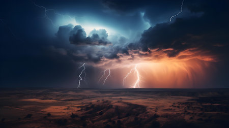 Lightning strike in stormy sky. 3d render illustration.の素材