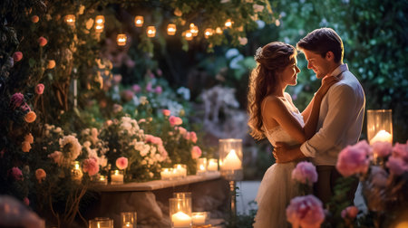 Beautiful young couple in love embracing and kissing on the background of flowersの素材