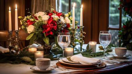 Elegant table setting for christmas dinner with candles and flowersの素材