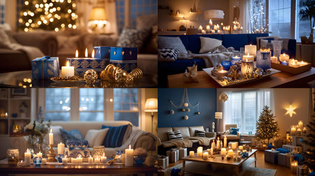 Collage of Christmas decorations in living room. Selective focus.の素材