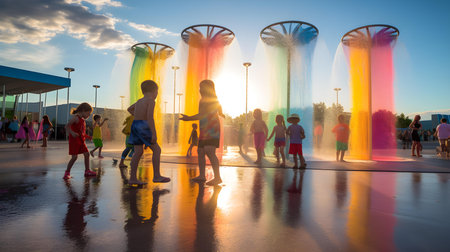Children playing with fountains in Barcelona.の素材