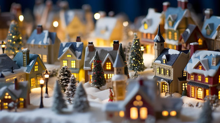 Christmas and New Year miniature houses on a snow background with lights.の素材