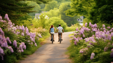 Young couple riding bikes in the spring garden with lilac flowers.の素材