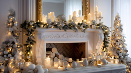 Beautiful fireplace and Christmas decorations in the living room of the houseの素材