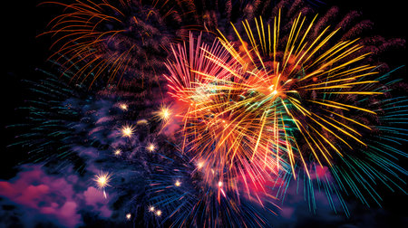 Colorful fireworks on the black sky background with space for text.の素材
