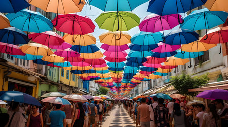 Colorful umbrellas on the street of Kuala Lumpur, Malaysiaの素材