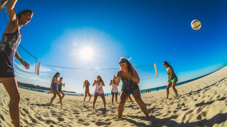 Group of friends playing beach volleyball on the beach. People having fun on summer vacation.の素材