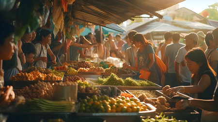 Thai people and foreign travelers buy and sell fresh fruits and vegetables at local market in Chiang Mai, Thailand.の素材