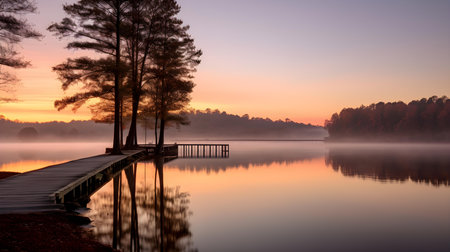 Morning mist over a lake with a pier and trees in the foregroundの素材