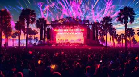 Crowd at concert with colorful fireworks and palm trees in the backgroundの素材