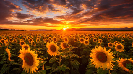 Sunflower field at sunset. Beautiful landscape with sunflowers.の素材