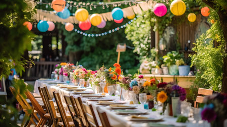 Wedding table setting in the garden. Decorated with flowersの素材