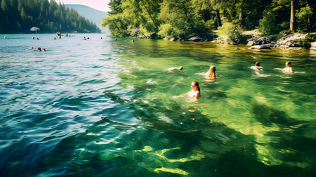 People swimming in the lake. Lake Bohinj, Slovenia.の素材