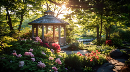 Gazebo in the garden at sunset. Beautiful spring landscape.の素材