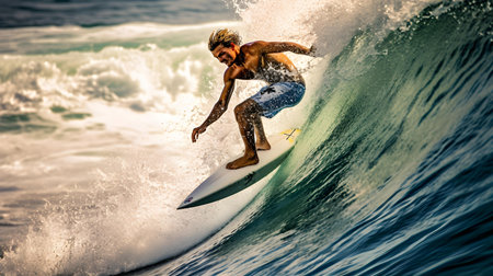Surfers in action on the ocean wave. Bali island.の素材