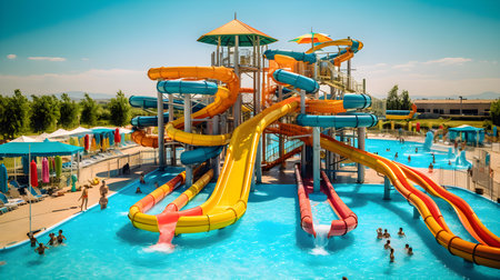 Colorful water slides in a kids aqua park. Summertimeの素材