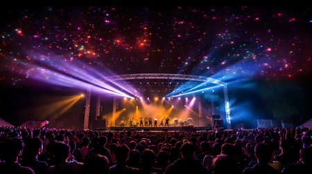 Concert crowd in front of a stage with lights and spotlightsの素材