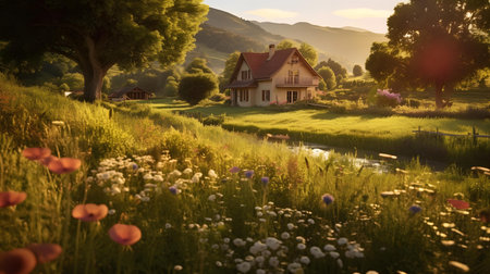 Beautiful landscape with a small house in the middle of a meadowの素材
