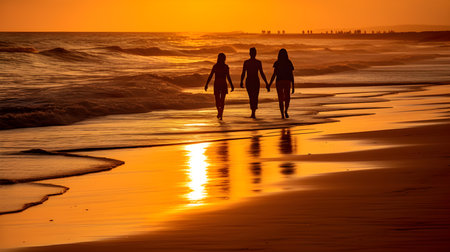 Silhouette of two girls holding hands walking on the beach at sunsetの素材