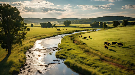 Beautiful summer landscape with a river and cows on the meadowの素材