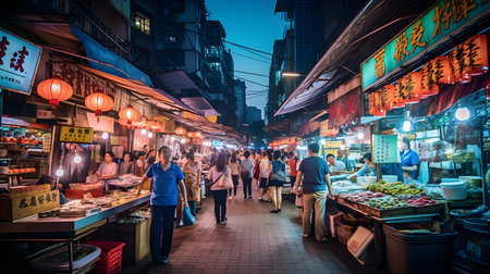 Night view of a street market in Hong Kong.の素材