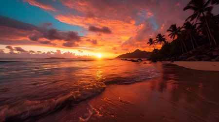 Beautiful sunset on the tropical beach in Seychelles.の素材