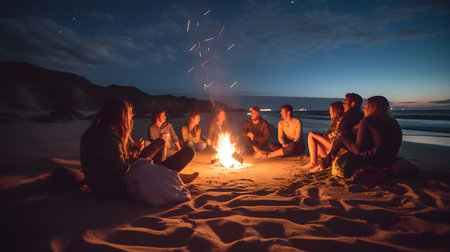Group of friends sitting around a bonfire on the beach at nightの素材