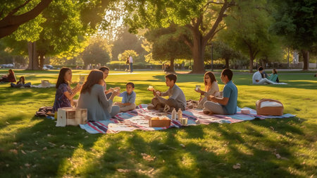 Group of friends having picnic in the park at sunset. Selective focus.の素材