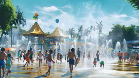 People having fun in the swimming pool of the theme park in Baliの素材