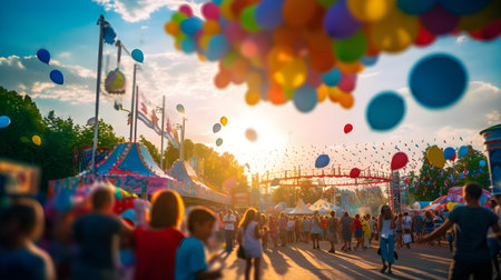 Amusement park with colorful balloons at sunset. Unrecognizable people on backgroundの素材