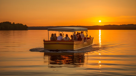 Tourists in a boat on the lake at sunset in summer.の素材
