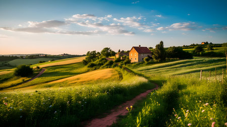 Beautiful summer landscape with a small house in the middle of a meadowの素材