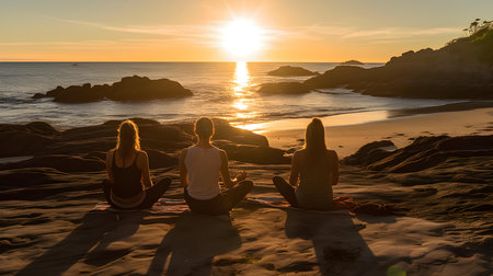 Silhouette of women practicing yoga on the beach at sunset.の素材