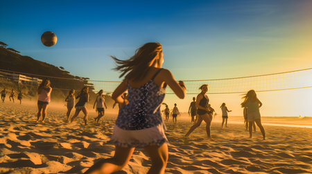 Group of young people playing beach volleyball at sunset time on the beachの素材