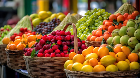Fruits and vegetables in baskets on a market stall in Barcelona, Spainの素材