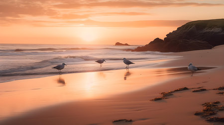 Seagulls on the beach at sunset in Cornwall, UKの素材