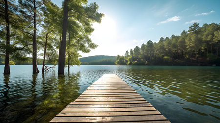 Wooden pier on a lake in the middle of a pine forestの素材