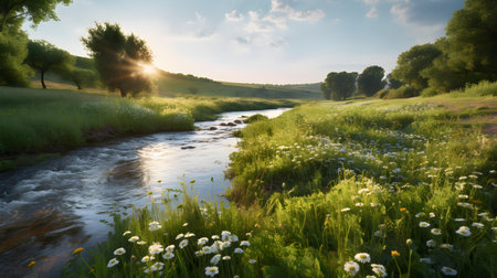 Summer landscape with river and camomiles on the meadow.の素材