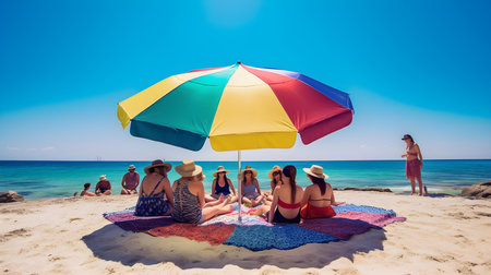 Group of friends on the beach with umbrellas and sunbedsの素材