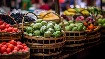 Fruits and vegetables in baskets on the market stall. Selective focus.の素材