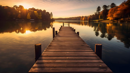 Wooden pier on the lake at sunset. Beautiful autumn landscape.の素材