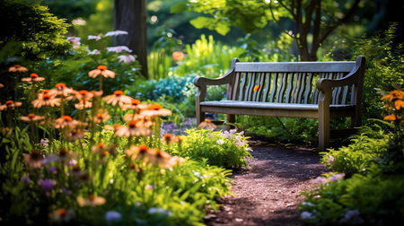 Beautiful garden with bench and flowers in the park. Selective focus.の素材