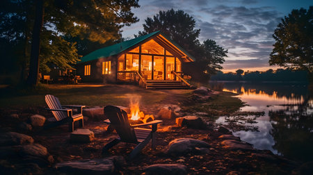 Camping on a lake in the evening. Wooden house on the lake shore.の素材