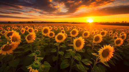 Sunset over sunflower field. Beautiful summer landscape with sunflowers.の素材