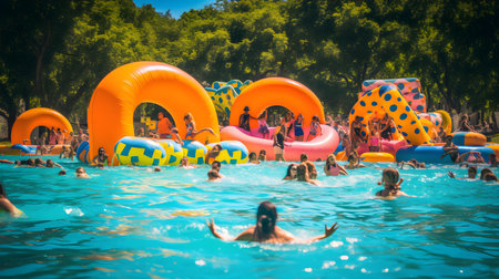 People having fun on an inflatable swimming pool on a hot summer day.の素材